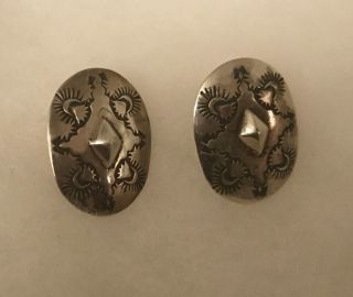 Vintage Navajo Old Pawn Sterling Silver Stamped Concho Pierced Earrings Signed 2