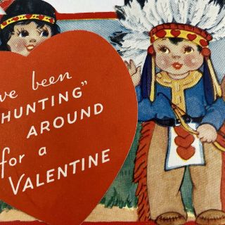 Vintage Valentine’s Day Greeting Card Cute Native American Kids Girl Boy Heart