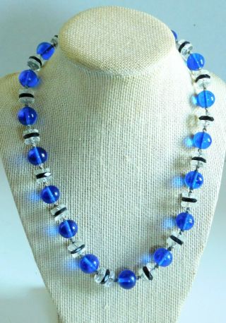 Antique Czech Glass Cobalt Blue & Clear Bead Necklace Ornate Enamel Clasp