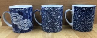 3 Vintage Pier One Cobalt Blue And White Floral Coffee Tea Mugs Japan