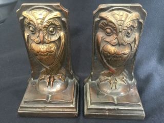 Antique Pair Wise Old Owl & Book Bronze Clad Dipped Bookends Armor Library