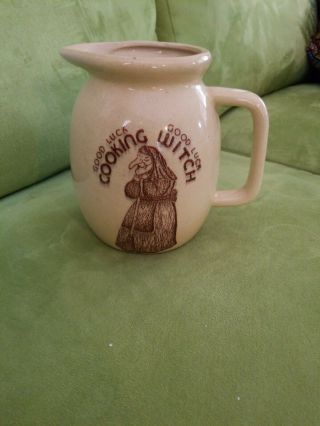 Vintage Good Luck Cooking Witch Ceramic Pitcher / Utensil Holder Good Luck - Old