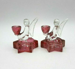 Vintage Set 2 Le Smith Cranberry Flash Glass Angel On Star Candlestick Holders