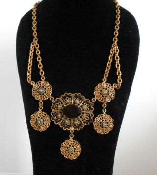 Vintage Victorian Style Black Onyx Gold Tone Filigree Draped Necklace