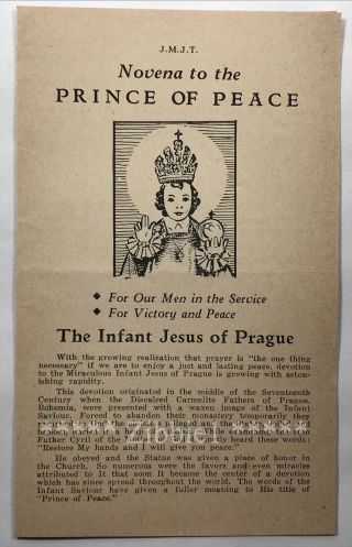 Novena To The Prince Of Peace,  Vintage Wwii Infant Jesus Of Prague Leaflet.