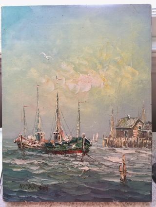 Vintage W.  Thomson Nautical Canvas Oil Painting Boat @ Harbor Signed 12x16 In