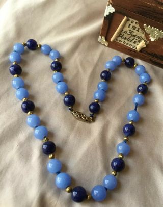 Vintage 1950’s Blue Hand Knotted Peking Lapis Art Glass Bead Beaded Necklace