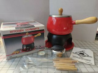 Vintage Red Fondue Pot; Enamel/aluminum; 6 Wood Handle Forks Very Euc