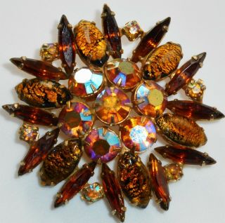 Vintage Unsigned Glass Beaded Amber Color Rhinestone Flower Brooch Pin