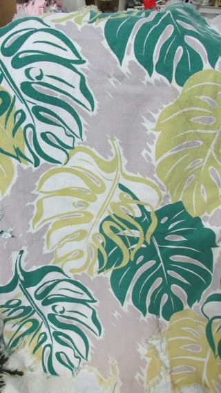 Large Leaf Pattern - Green,  Gray & Gold On Ivory - Bark Cloth Fabric - Vintage