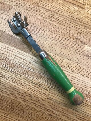 Vintage A&j Tool Tempered Steel Can Bottle Opener Wood Handle Green Long Cc5