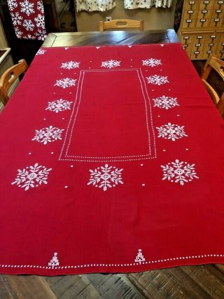 Vtg Christmas Table Cloth Red White Snowflakes Cross Stitch 49 " X 62 "