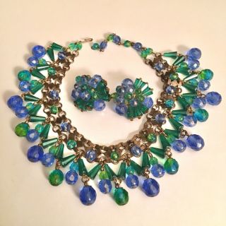 Vintage Gold Toned Green & Blue Glass Necklace,  Clip Earring Set Estate Find