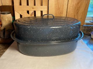 Vintage Speckled Graniteware Enamelware Roaster Roasting Pan With Lid