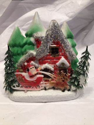 Vintage Plastic Christmas Blow Mold Diorama Santa Scene Reindeer Trees House