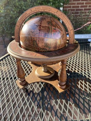 Vintage Small Old World Globe In Wooden Stand Table Top Zodiac Astrology Italy