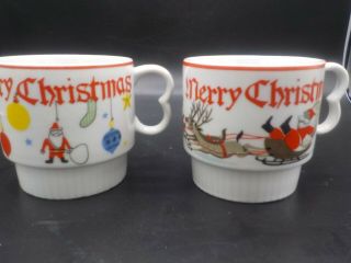 Vtg Mid Century Modern Stacking Christmas Holiday Coffee Mugs 10 Oz Santa Cups