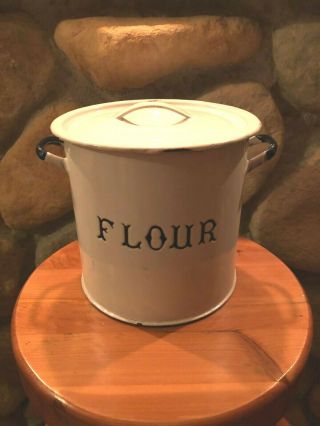 Vintage White Enamelware Flour Bin Canister With Cover Black Letters