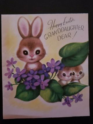 Vtg Rust Craft Easter Greeting Card Diecut Sweet Bunnies Pansie 1950s (m.  Cooper?
