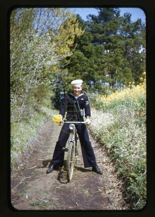 1950s Us Navy Sailor On Bicycle With Flowers - Vintage 35mm Slide