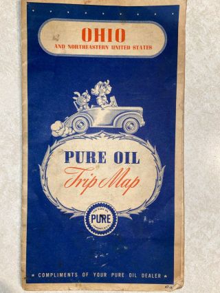 Vintage 1940s Pure Gas & Oil Ohio Road Map 26.  5 " X 19.  5 " Station
