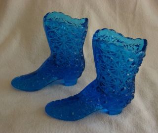 2 Pretty Vintage Aqua Blue Daisy & Button High Top Shoe Boot Vase,  Unmarked