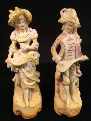 Vintage Hand Painted Ceramics Fern Japan Bisque Woman And Man With Mandolin,  9 "