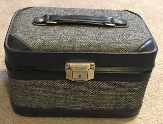 Vintage Train Case/makeup/cosmetic Suitcase - Navy Blue/hard Case/cloth