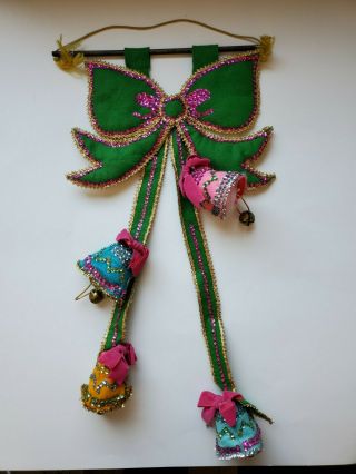 Vtg 1960s Handmade Felt Christmas Bells Wall Hanging Sequins Bow Pink Green