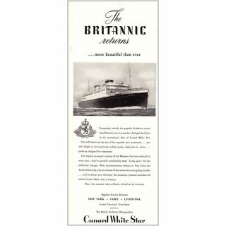 1948 Cunard White Star: The Britannic Returns Vintage Print Ad