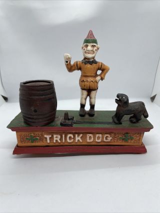 Vintage Trick Dog Cast Iron Mechanical Bank Dog Clown Barrel