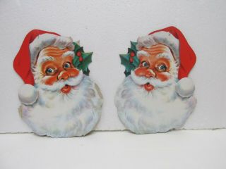 Vintage Set Of 2 Die Cut Cardboard Santa Claus Face Christmas Decoration Ch2653