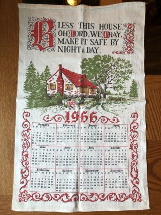Vintage Linen Dishcloth Towel Calendar 1966 Bless This House Oh Lord 26 " X 16 "