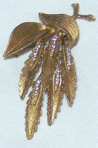 Vintage Clear Crystal Rhinestone Large Leaf Gold Tone Pin