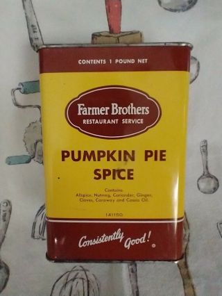 Vintage 1 Lb.  Pumpkin Pie Spice Tin Can Farmer Brothers Restaurant Service