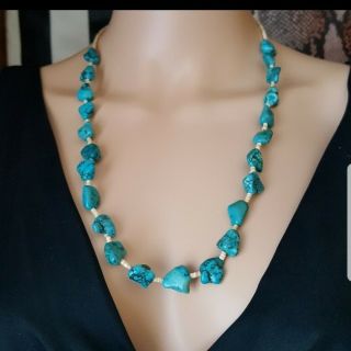Vintage Native American Turquoise Nugget Stone & Heshi Shell Bead Necklace