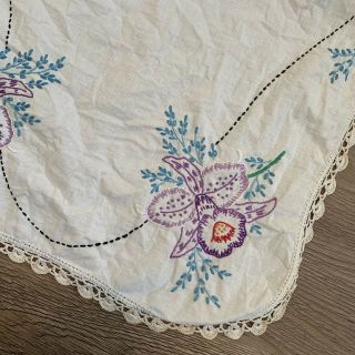 Vintage Embroidered Table Runner Purple Flowers Hand Stitched