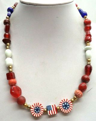 Stunning Vintage Estate Red White & Blue Usa Glass Bead 20 " Necklace 6480s