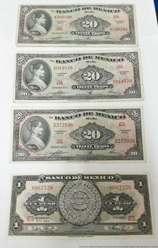 4 Four Vintage 1960s Banco De Mexico Peso Notes Paper Money Currency 4.  2g