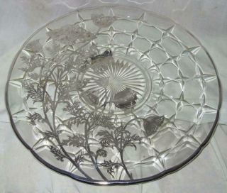Vintage Clear Glass Cake Plate,  Diamond Pattern,  With Silver Overlay