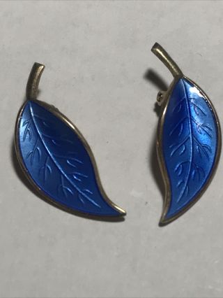 Vintage David Andersen Sterling Silver Cobalt Blue Enamel Leaf Clip On Earrings
