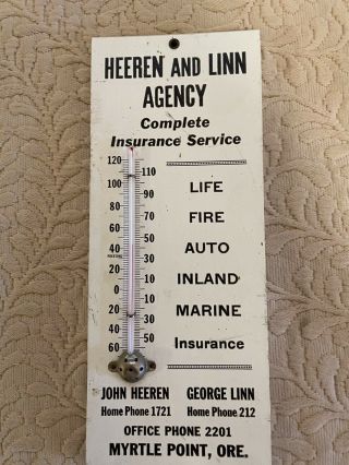 Vintage Wooden Insurance Advertising Thermometer