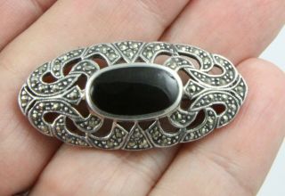 Vintage Sterling Silver Art Deco Style Marcasite And Black Onyx Brooch Pin