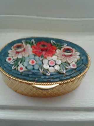 Vintage Oval Micro Mosaic Glass Flower Pill/ Trinket Box Gold - Tone Metal