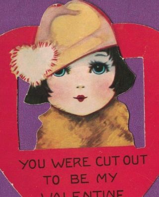 Vtg Die Cut Heart Shape Valentine Card Art Deco Glamout Woman Large Blue Eyes