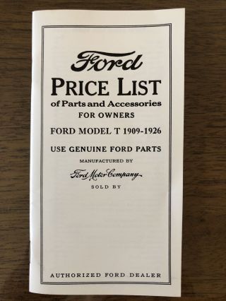 Ford Price List Of Parts And Accessories For Owners Ford Model T 1909 - 1926