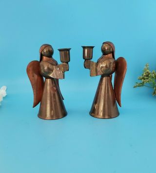 Set Of 2 Vintage Brass & Copper Angel Candle Holders Made In Hong Kong 4.  5 "