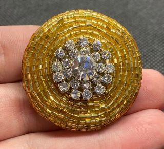 Vintage Amber Tone Tube Bead & Rhinestone Cluster Button Brooch Pin 1.  5”