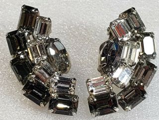 Vintage Signed Weiss Smokey Topaz & Clear Glass Rhinestone Clip - On Earrings
