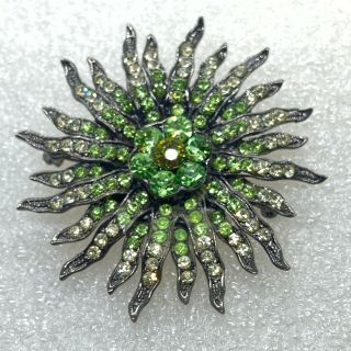 Vintage Green Flower Burst Brooch Pin Rhinestone Black Tone Costume Jewelry